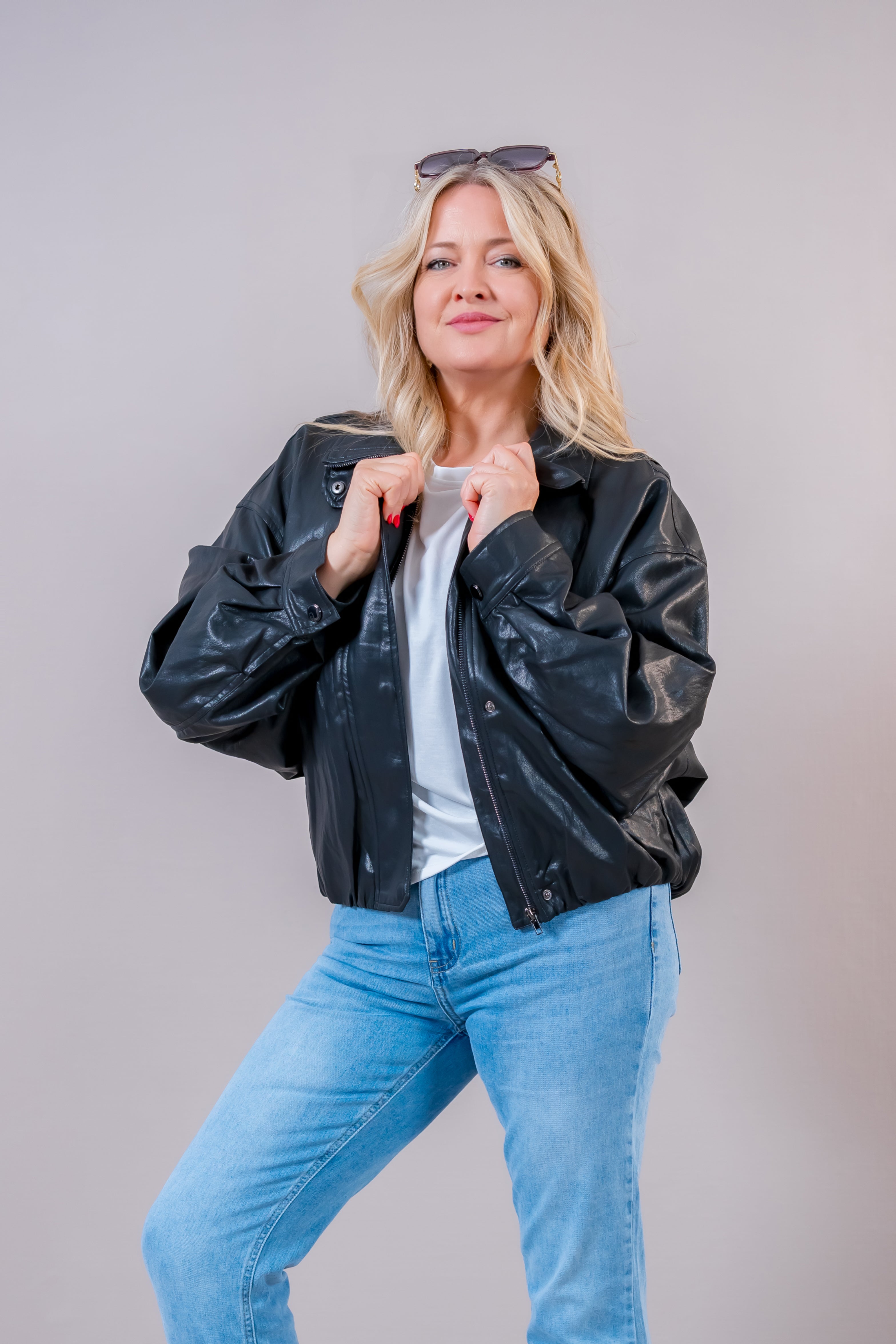 Oversize Kunstlederjacke, schwarz