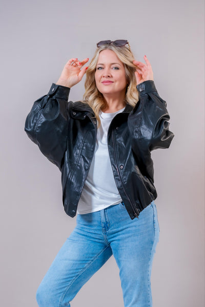 Oversize Kunstlederjacke, schwarz