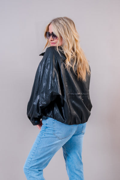 Oversize Kunstlederjacke, schwarz