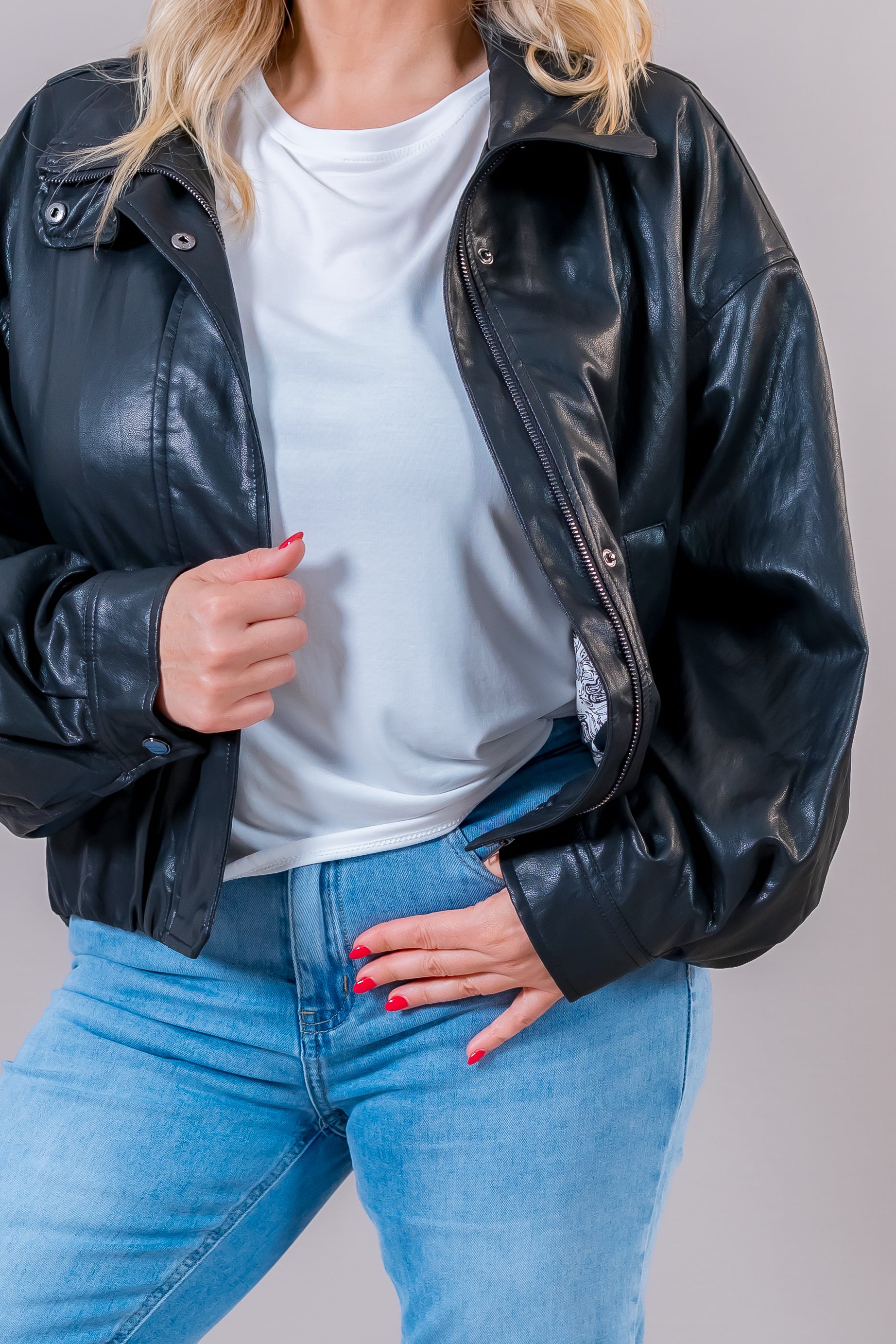 Oversize Kunstlederjacke, schwarz