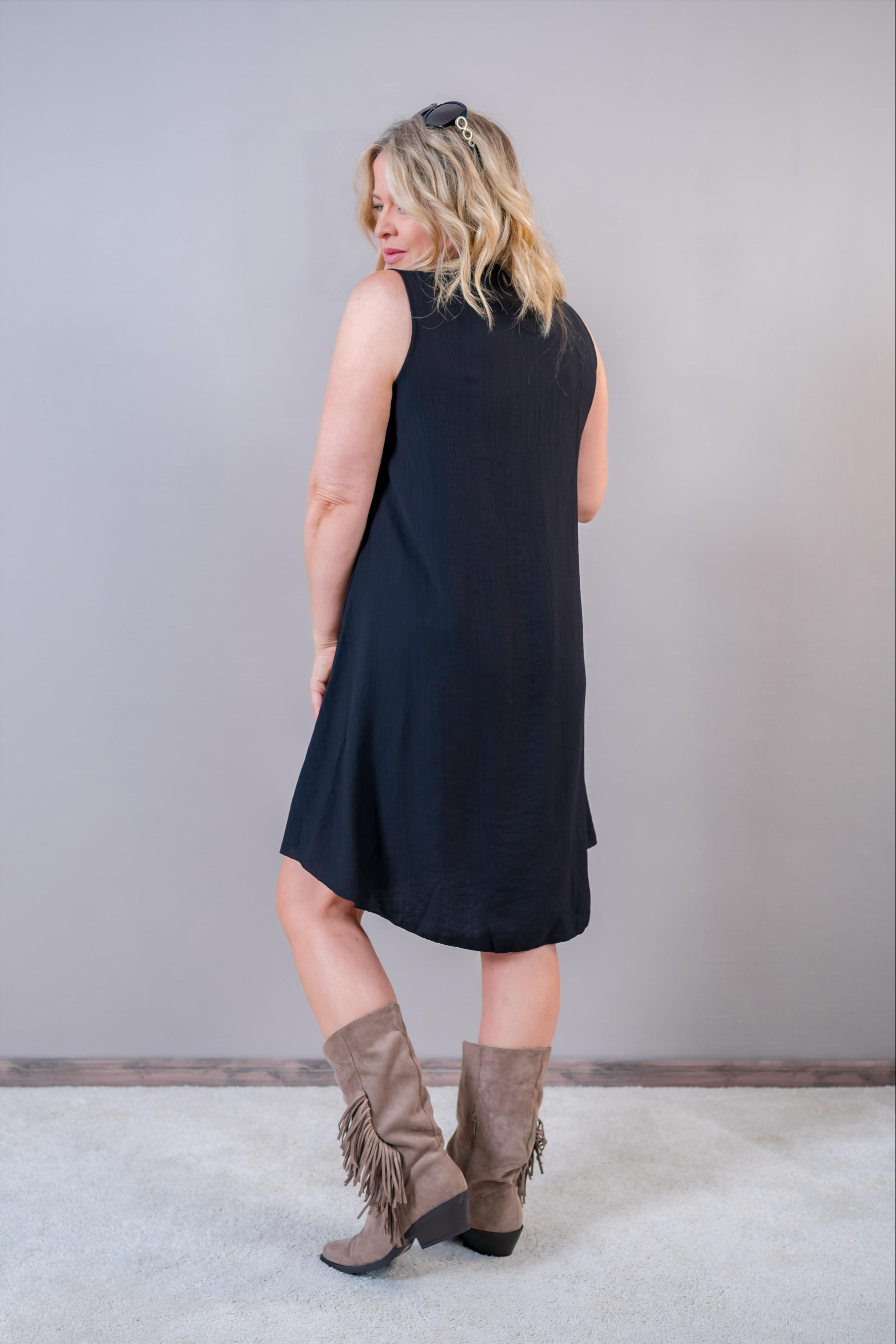 Ärmelloses Midi-Kleid mit V-Ausschnitt, schwarz
