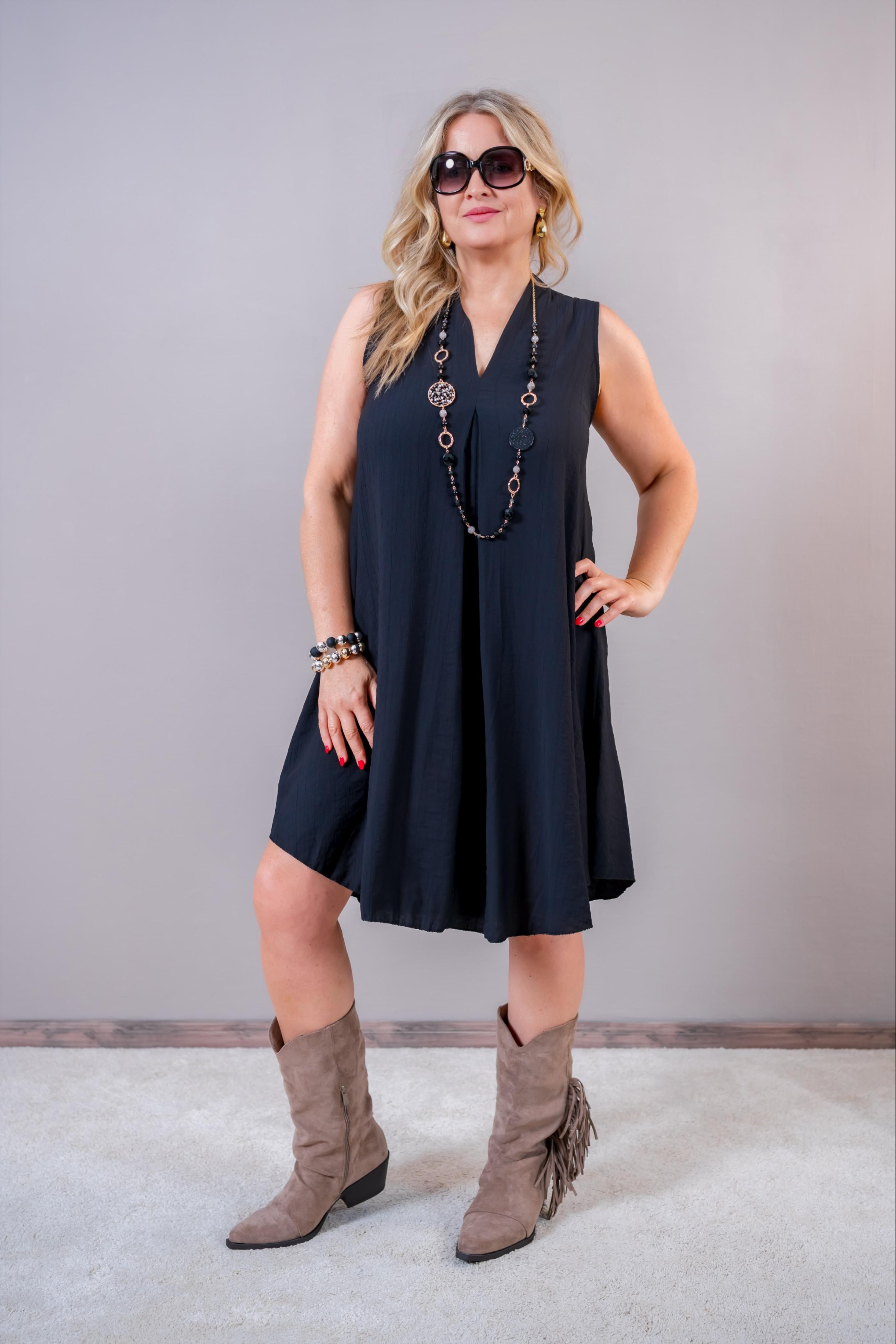 Ärmelloses Midi-Kleid mit V-Ausschnitt, schwarz
