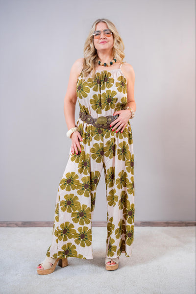 Jumpsuit mit großem Blumenprint, beige/oliv
