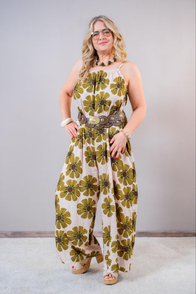 Jumpsuit mit großem Blumenprint, beige/oliv
