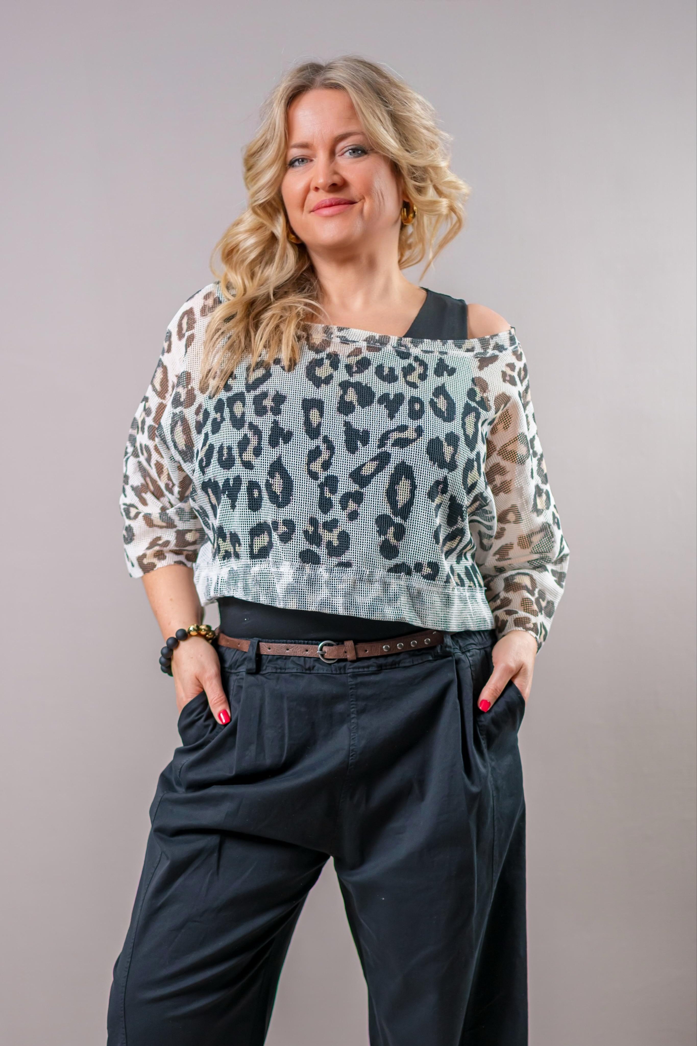 Cropped Mesh-Shirt mit Leo-Design, beige/schwarz