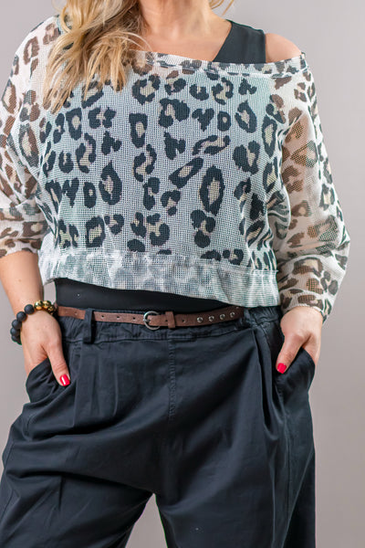 Cropped Mesh-Shirt mit Leo-Design, beige/schwarz