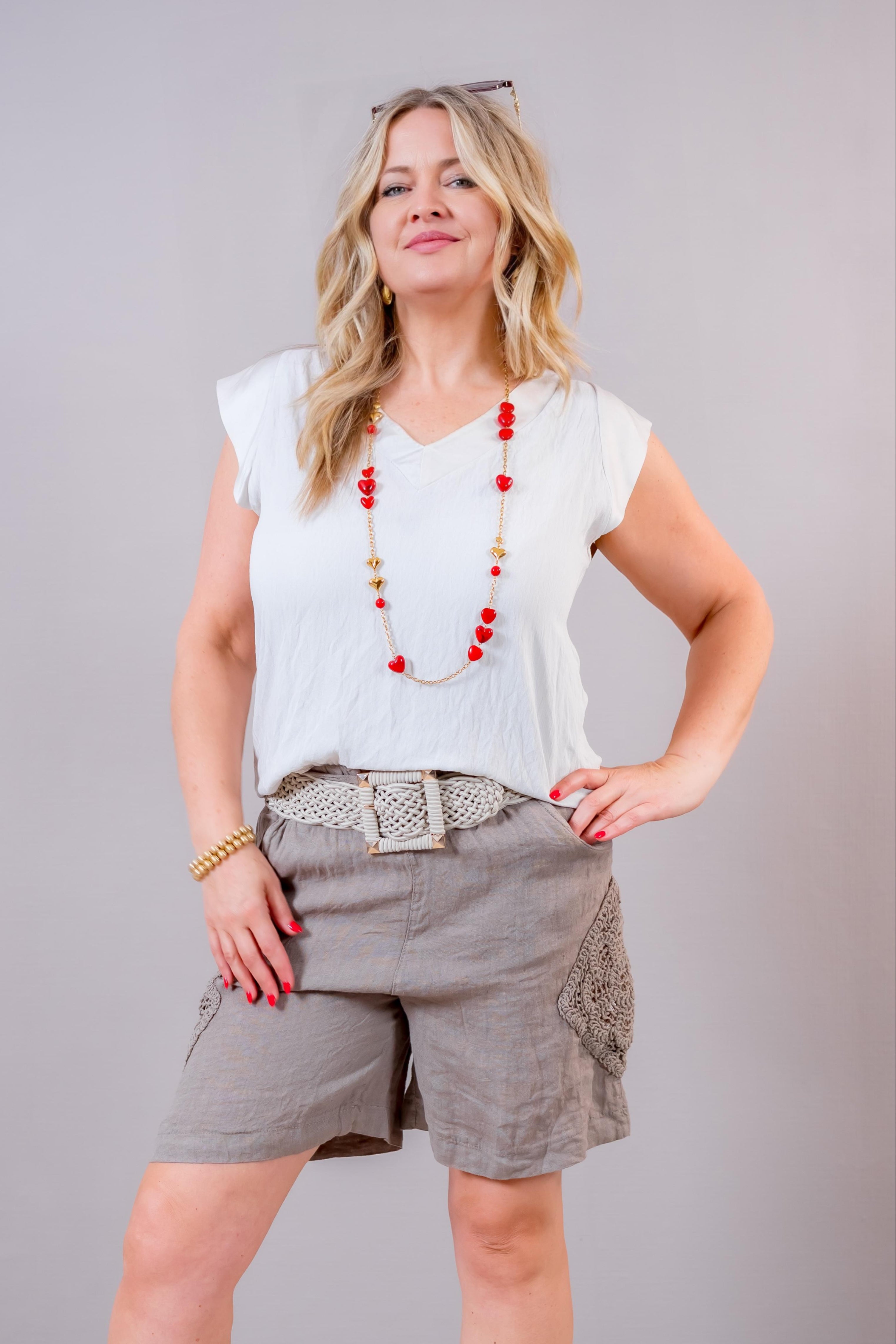Leinen-Shorts mit Häkelapplikation, taupe