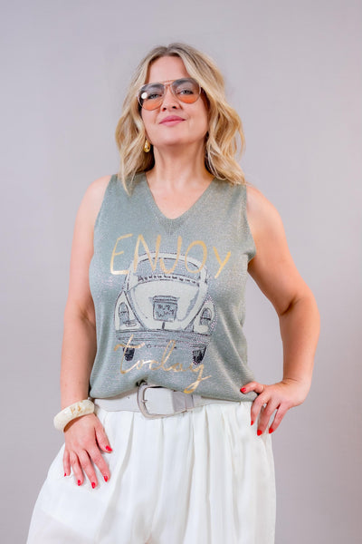 Strick Top 'Enjoy', khaki-silber