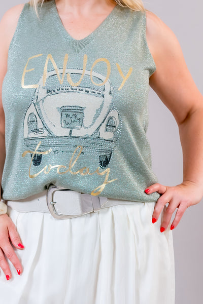Strick Top 'Enjoy', khaki-silber