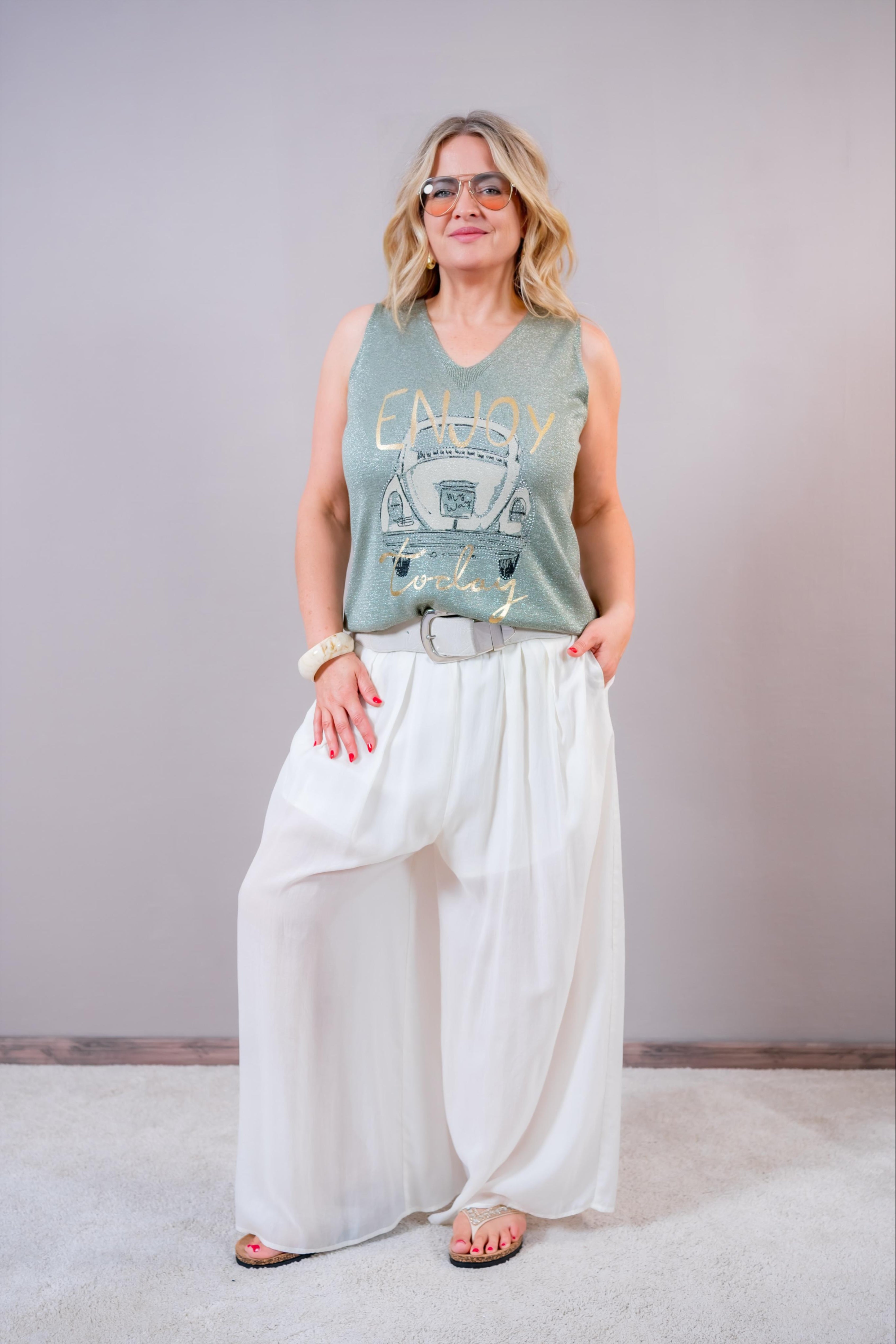 Strick Top 'Enjoy', khaki-silber