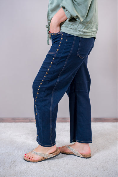 Barrel-Jeans mit Stern-Nieten, dark blue