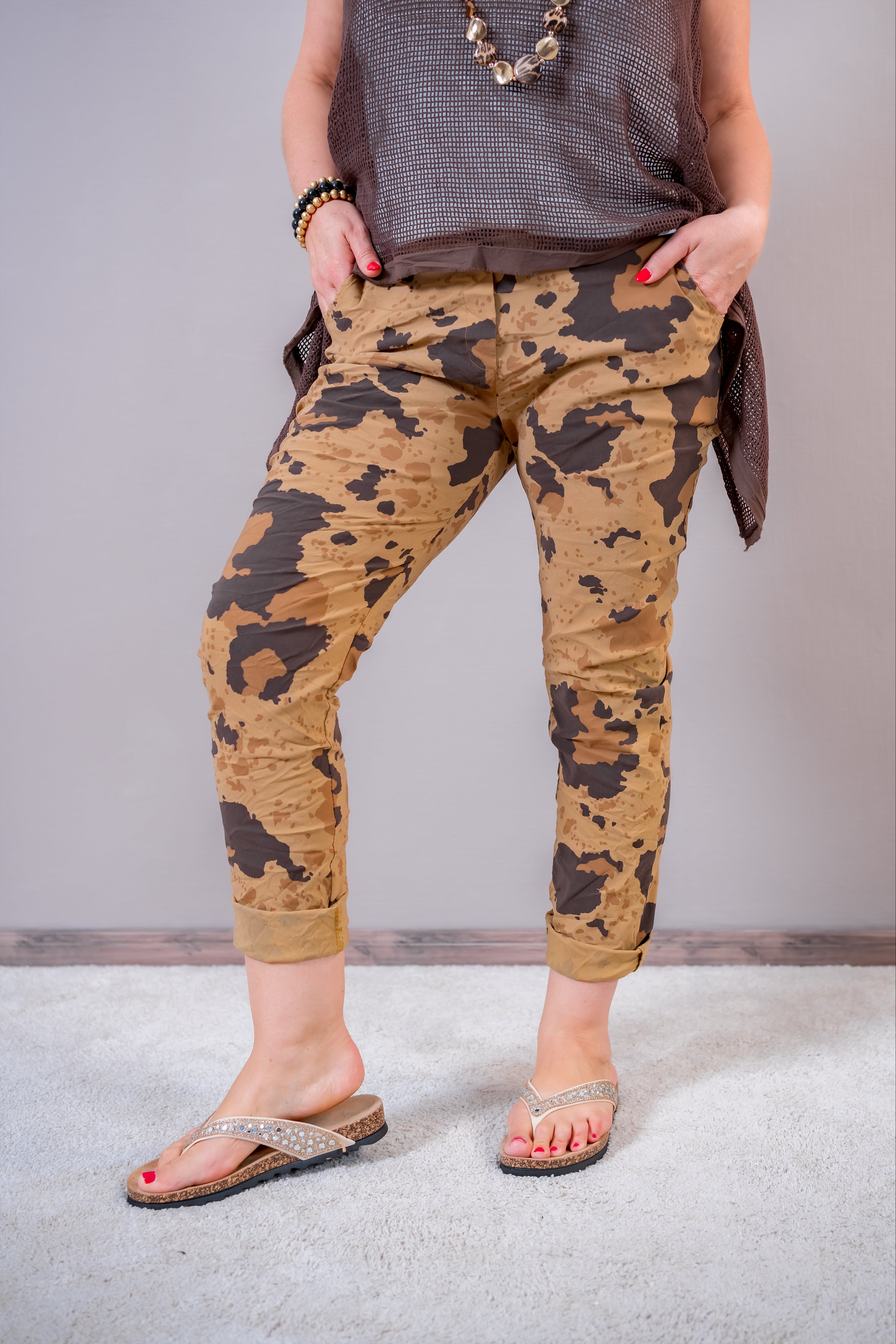 Stretchhose mit Tunnelzug, braun/camouflage