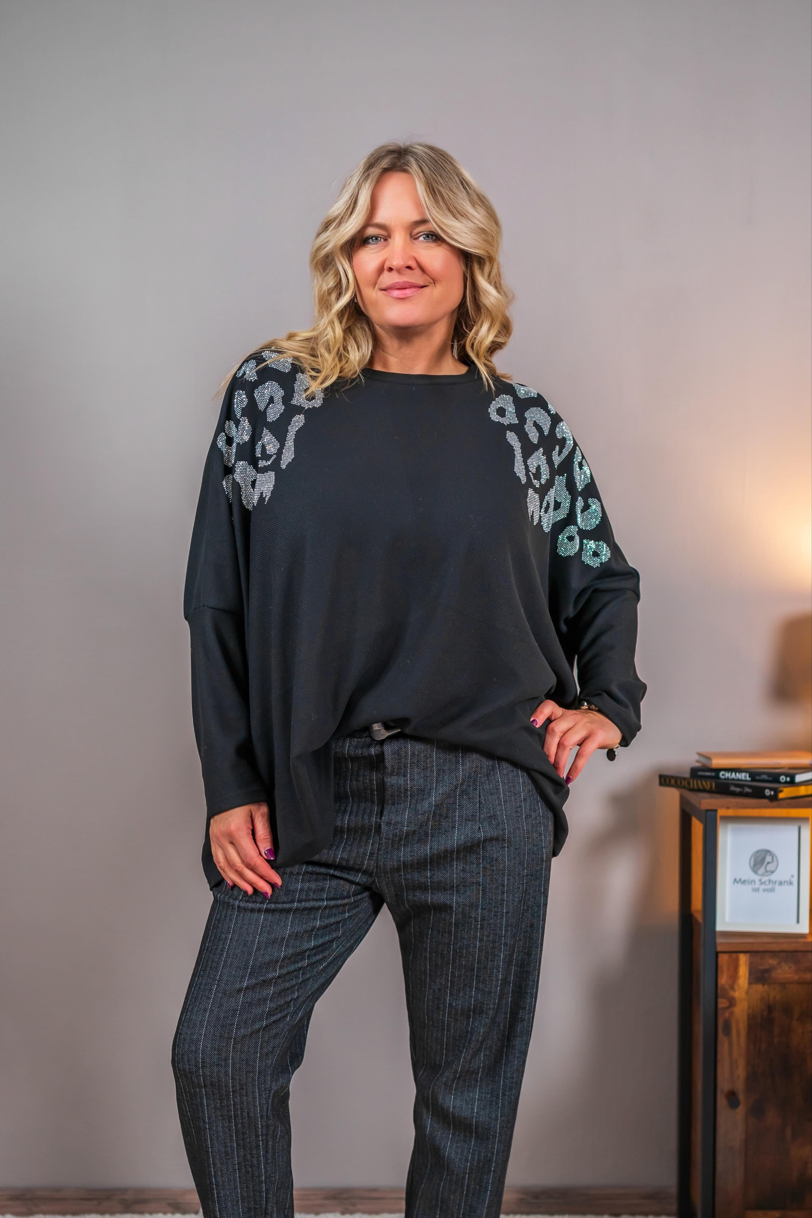 Strickpullover mit Leopardendetails, schwarz