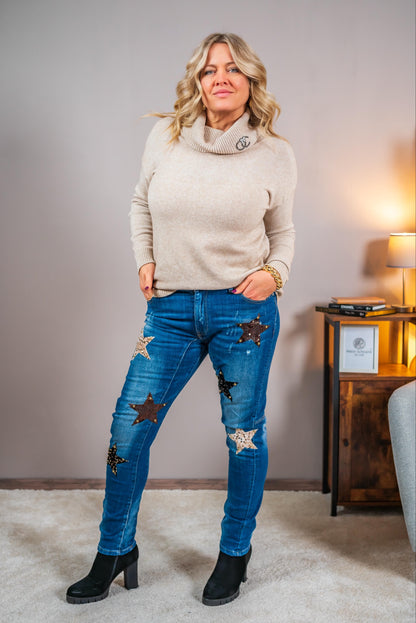 Jeans mit Pailletten-Sternen, mittelblau