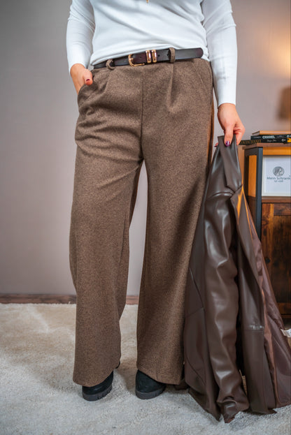 Stoffhose im Pepita-Muster mit Gürtel, braun