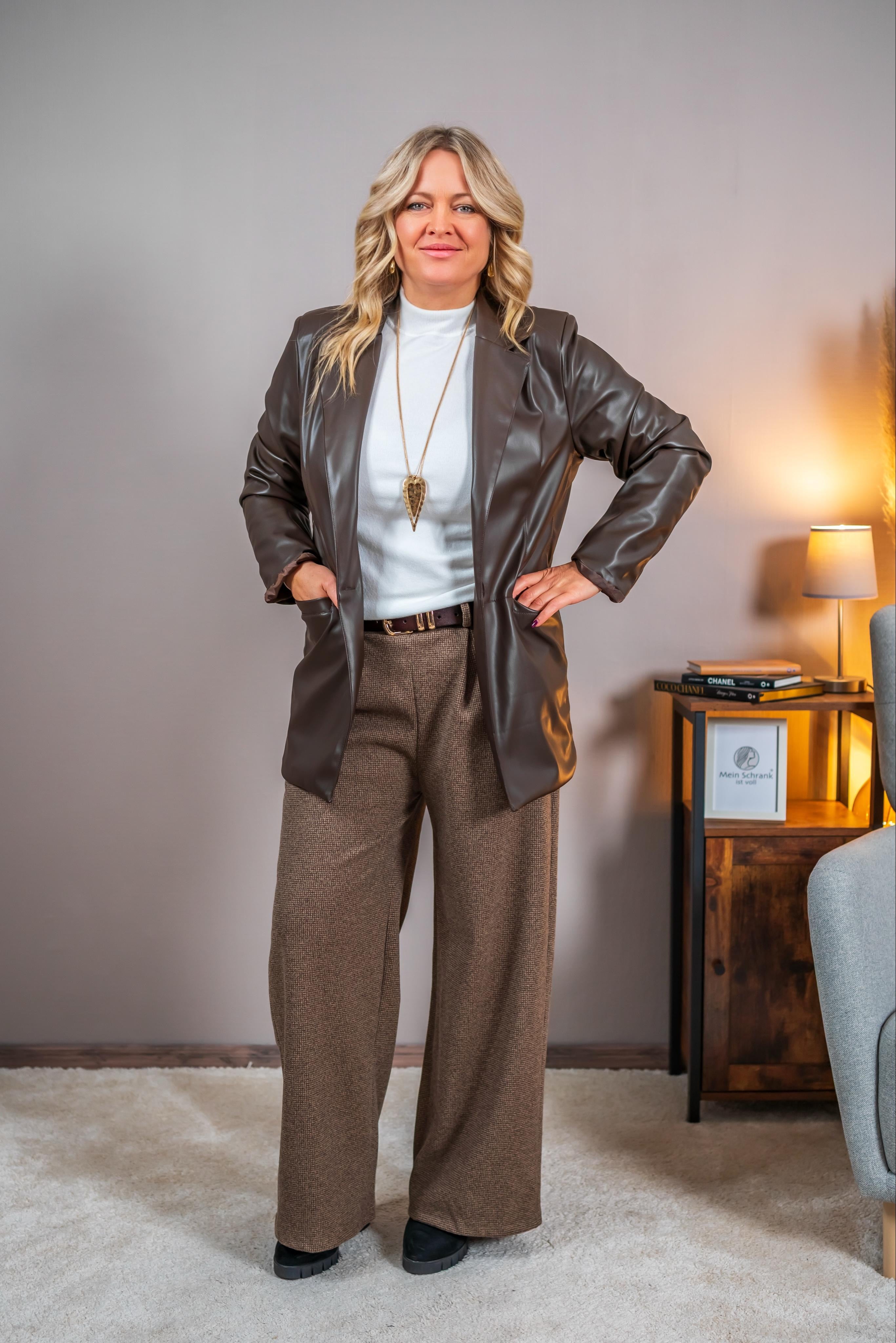 Eleganter Blazer in Lederoptik, schokobraun