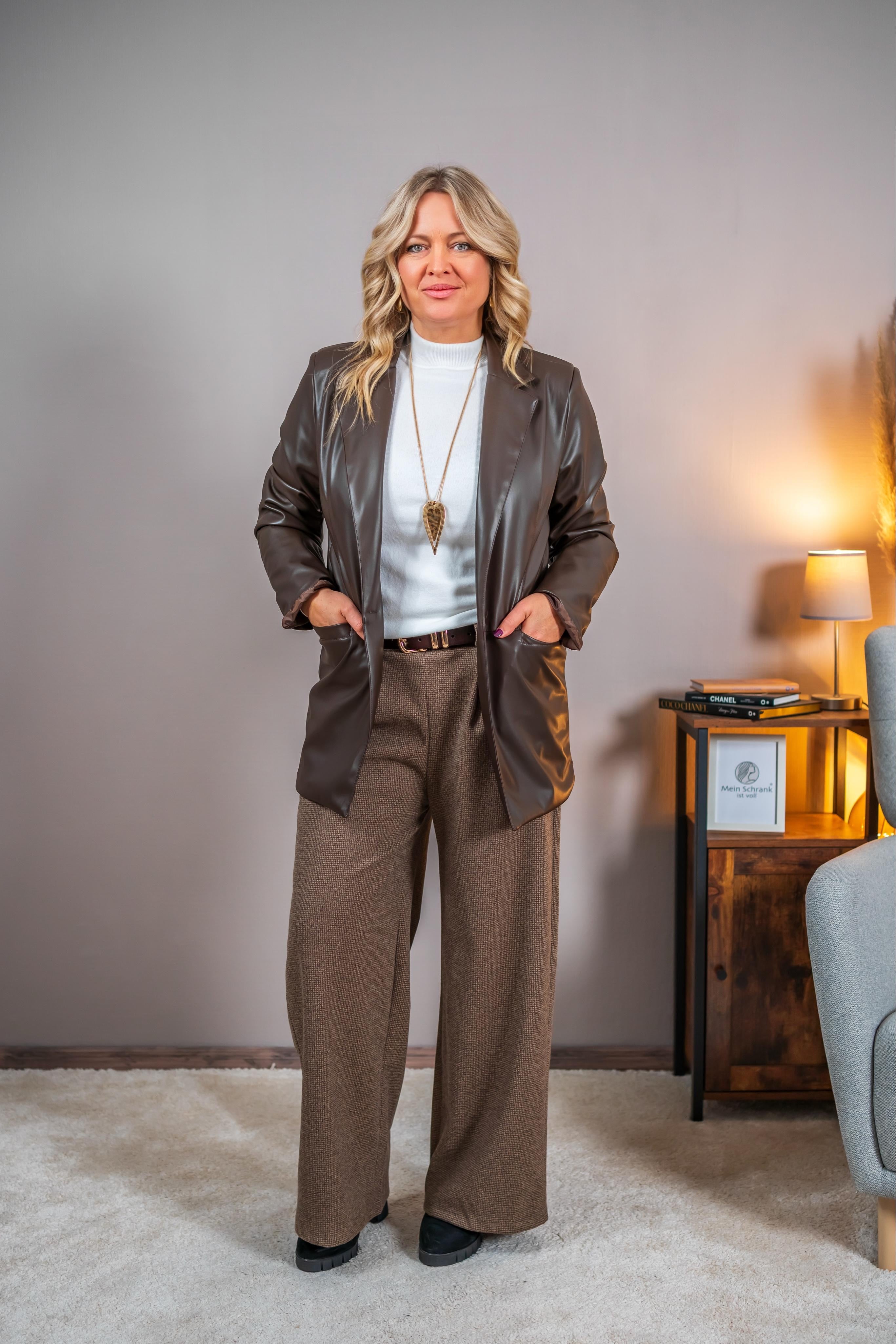 Stoffhose im Pepita-Muster mit Gürtel, braun