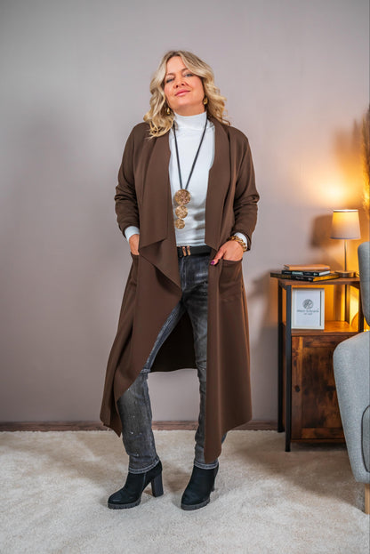 Langer Cardigan mit Wasserfall-Front, schokobraun