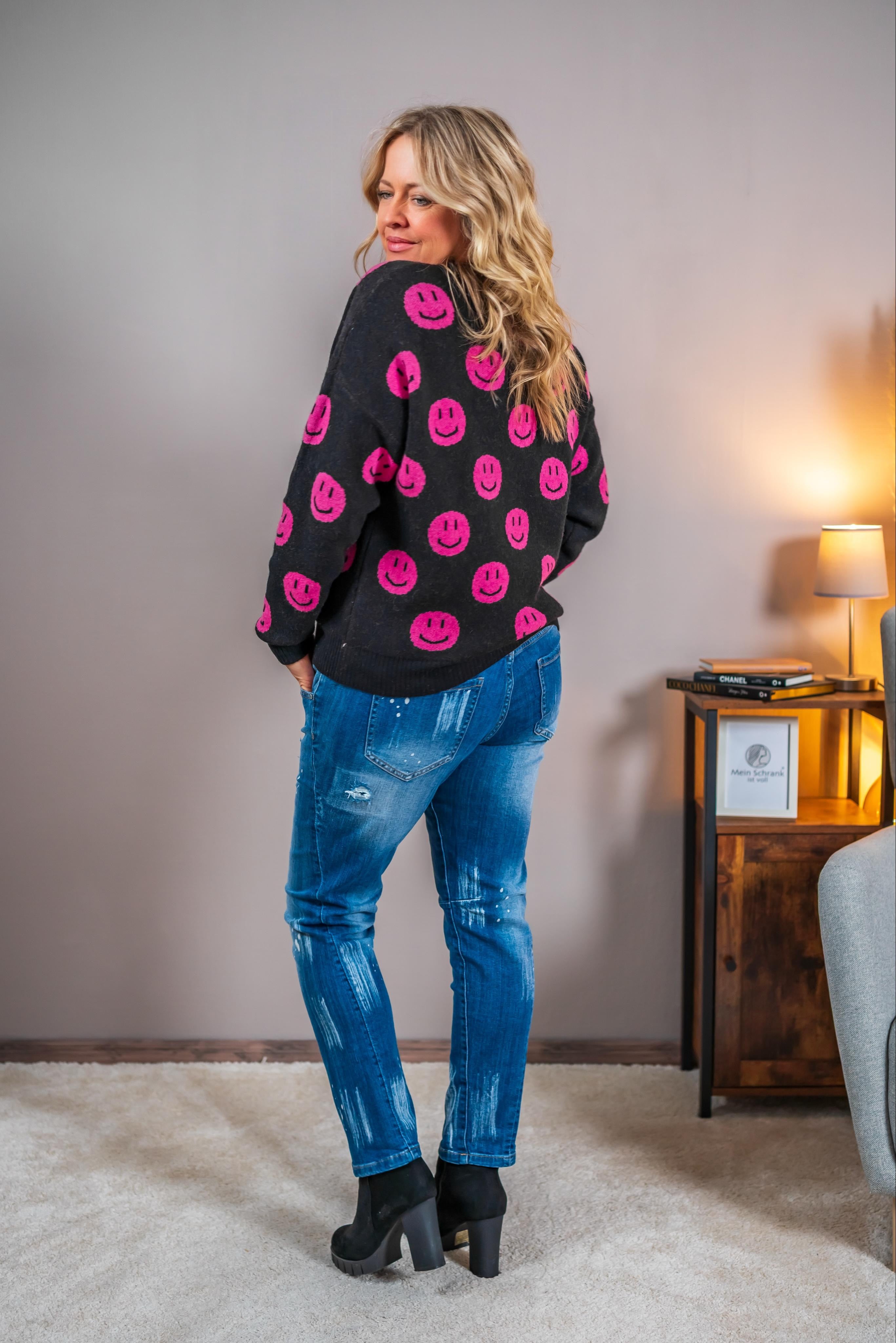 Strickpullover mit Smiley-Design, schwarz/pink