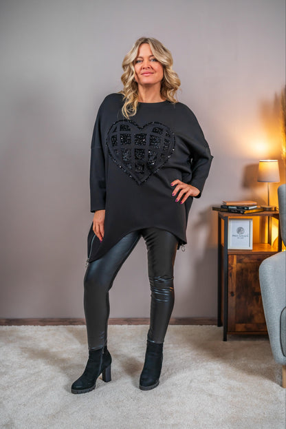 Sweatshirt mit Pailletten-Herz, schwarz