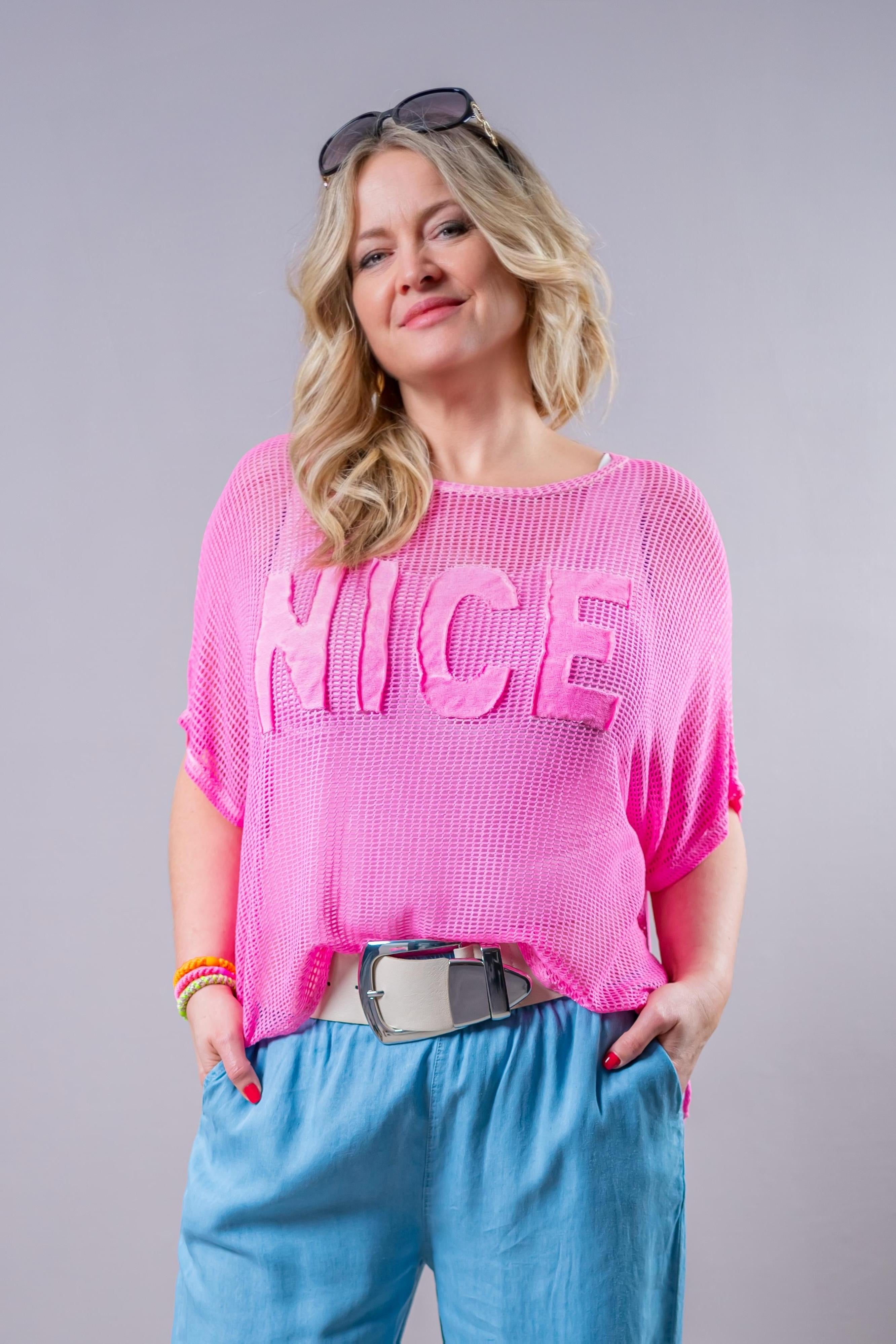 Netz-Shirt mit Print "NICE", pink