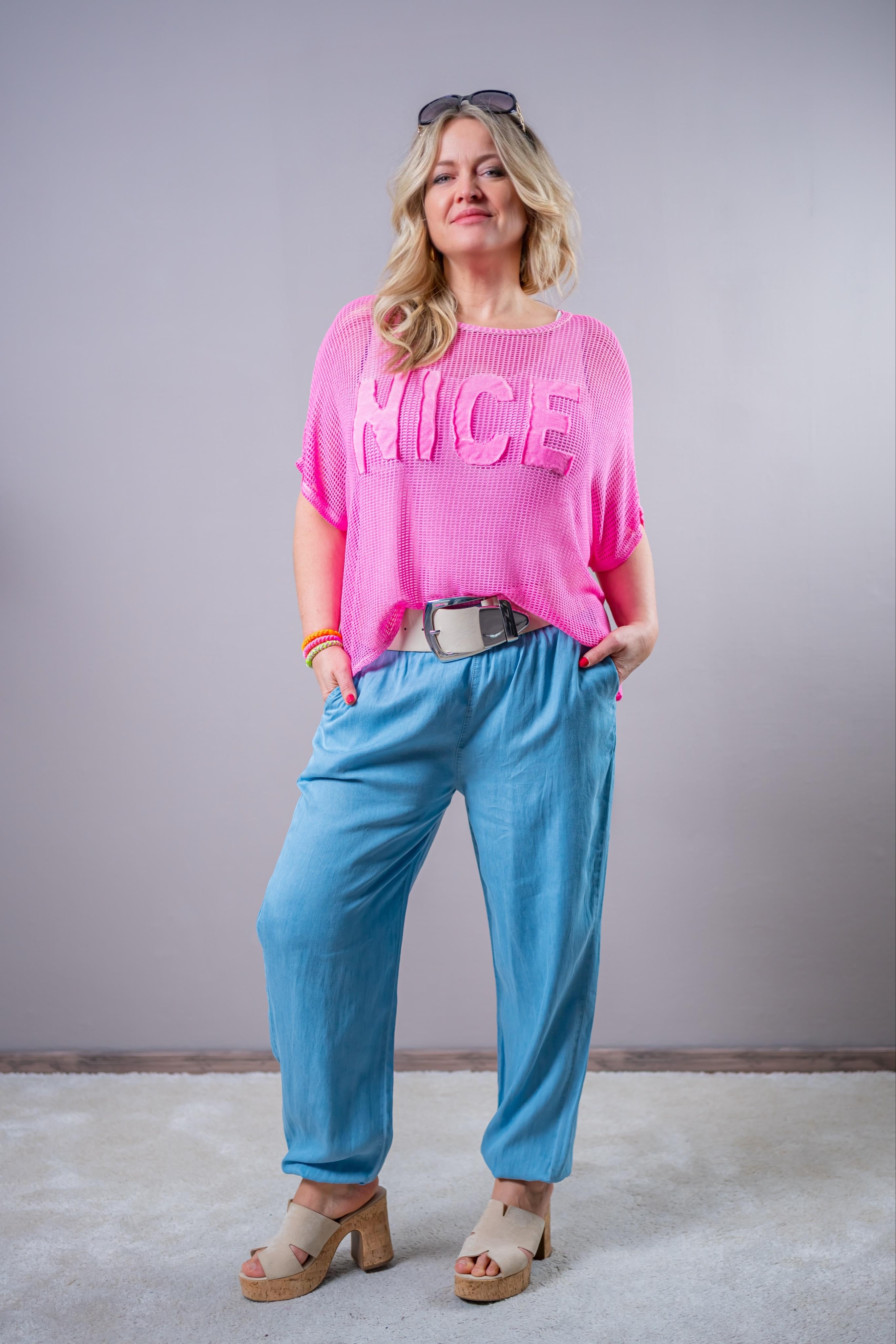 Netz-Shirt mit Print "NICE", pink