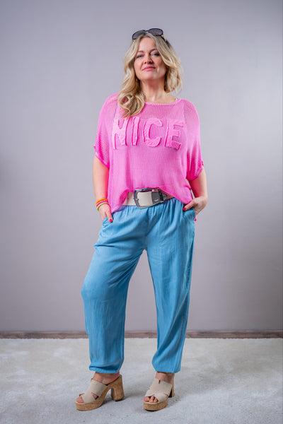 Netz-Shirt mit Print "NICE", pink