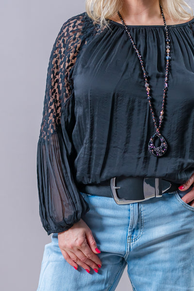 Bluse mit Spitzeneinsätzen, schwarz