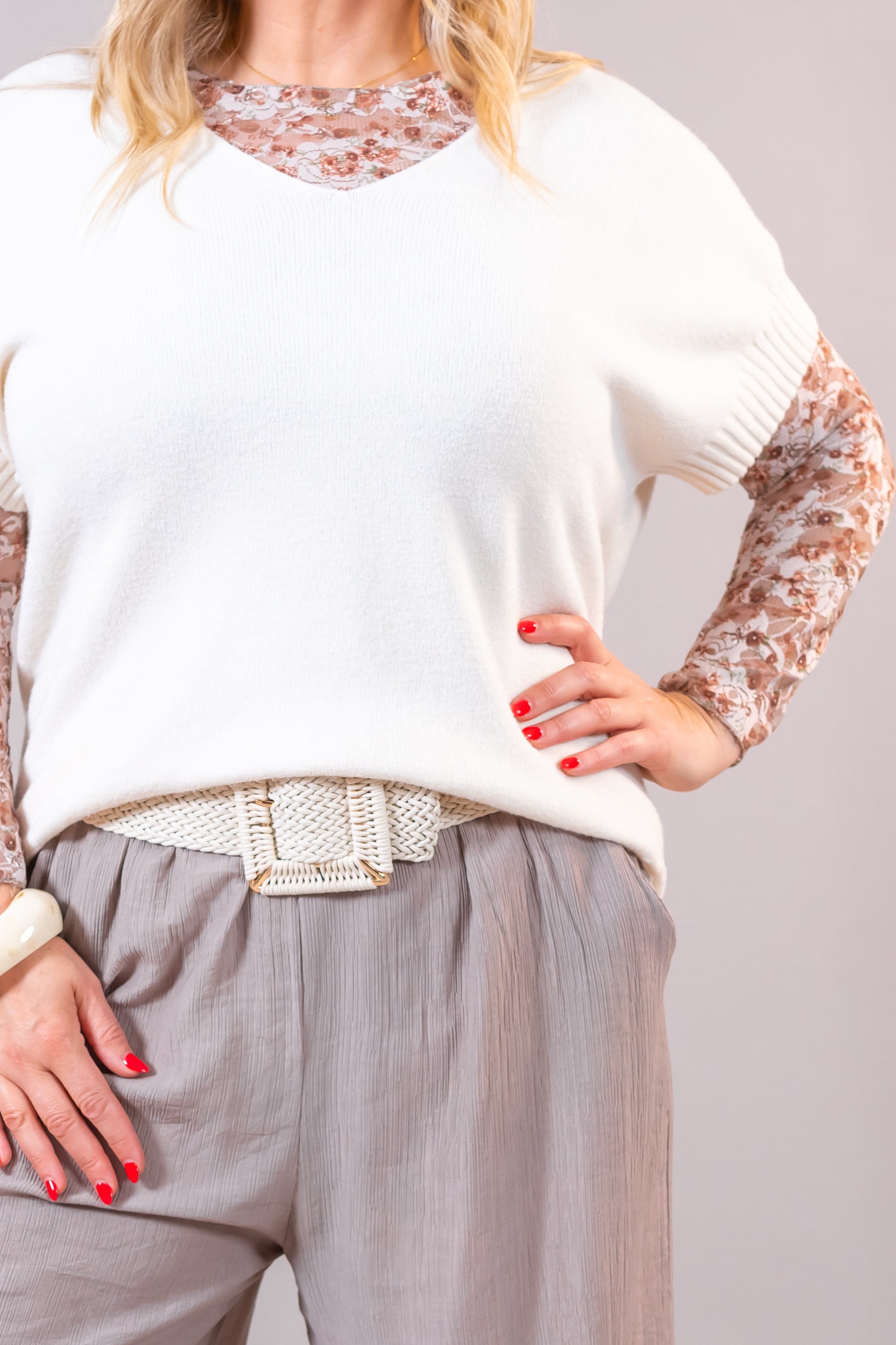Feinstrick-Pullover Kurzarm, creme