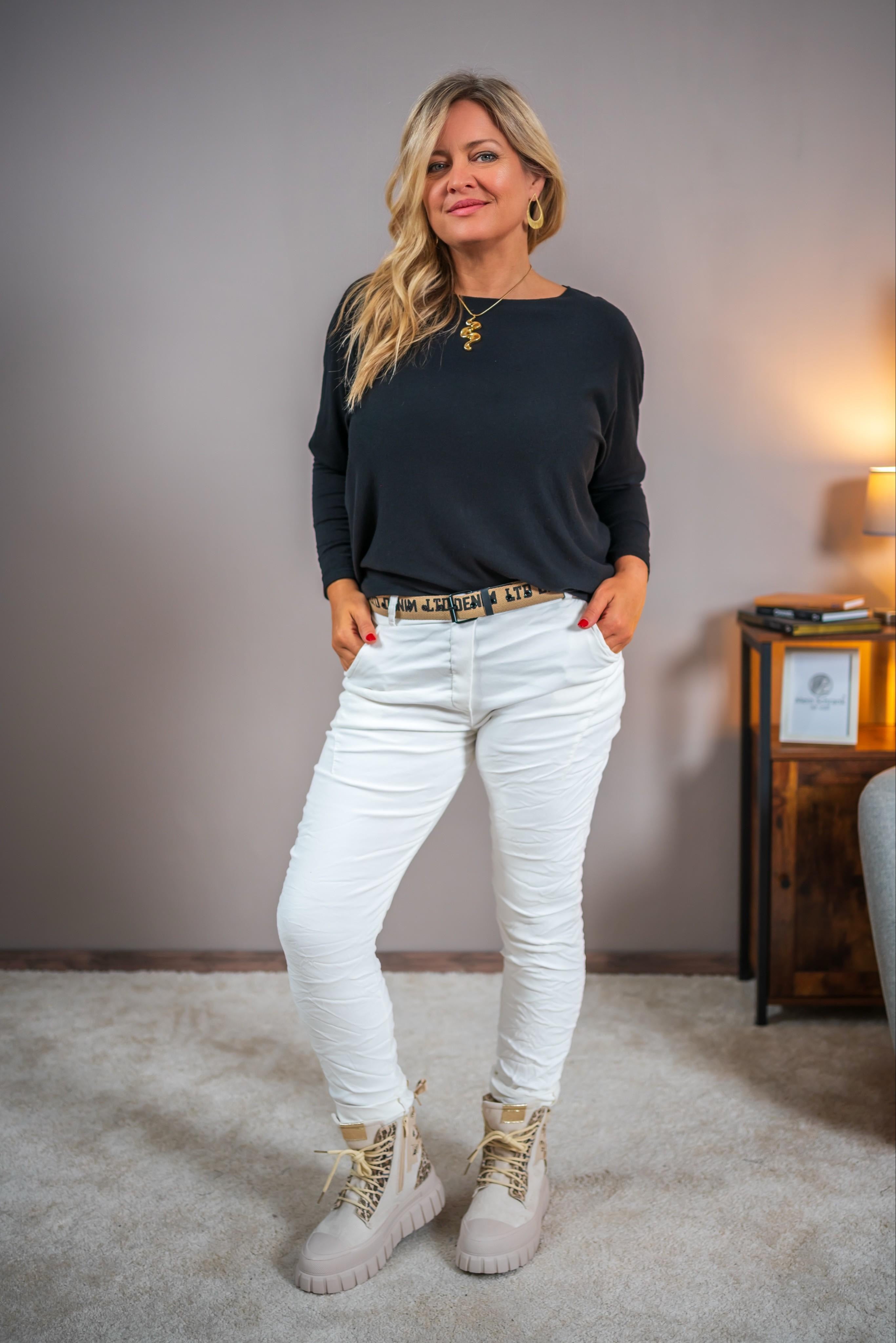 Stretchhose im Crinkle-Look, off-white