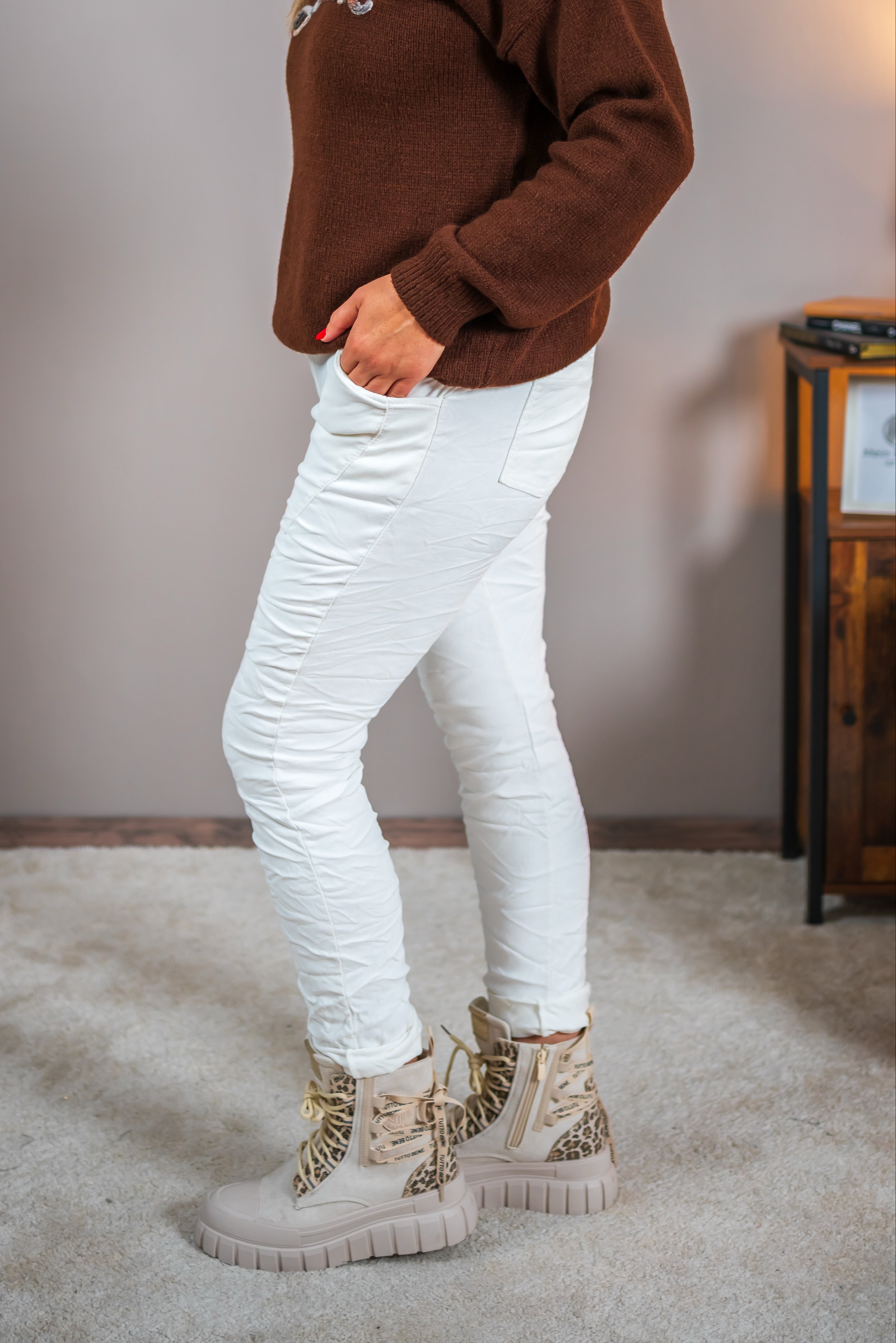 Stretchhose im Crinkle-Look, off-white