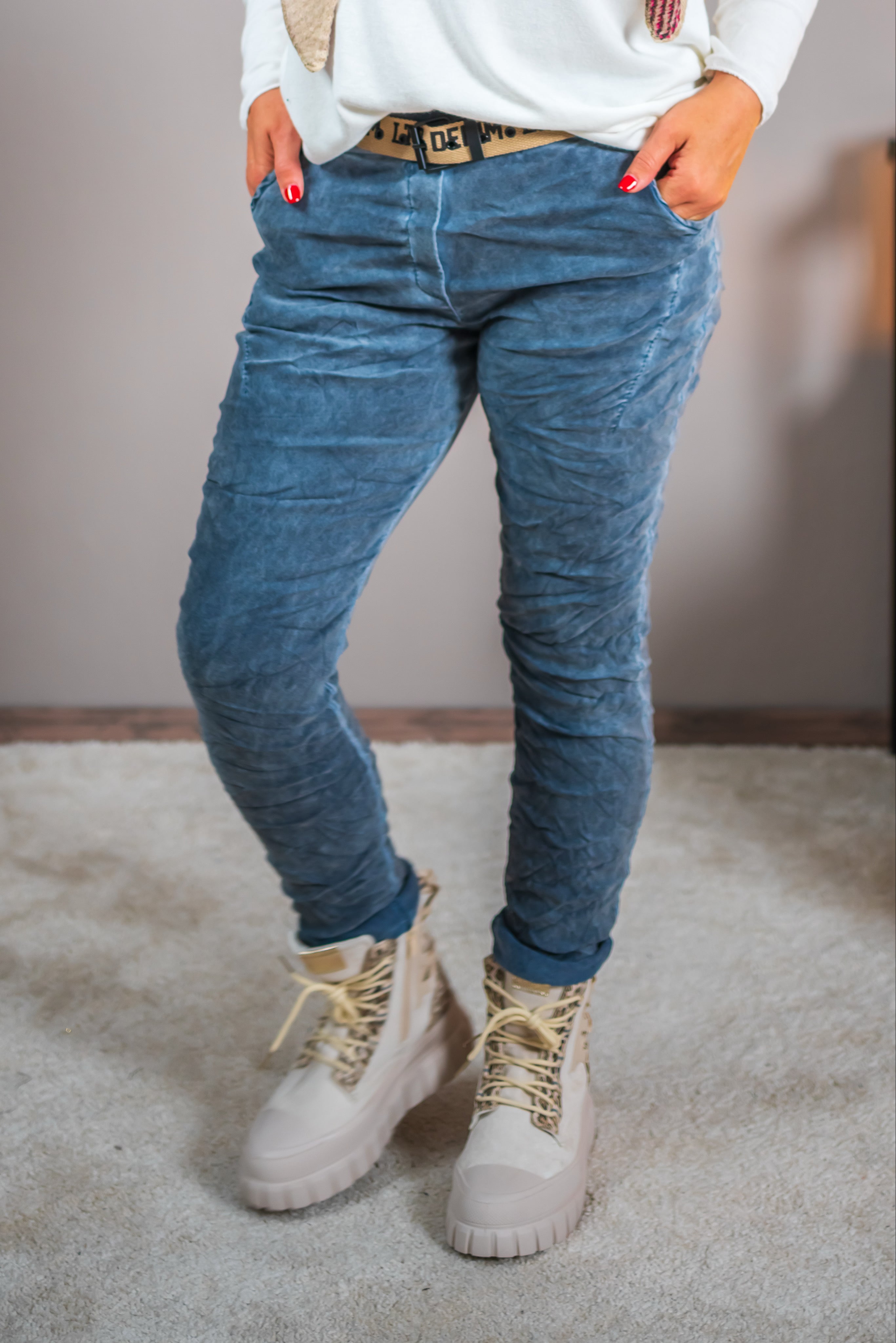 Stretchhose im Crinkle-Look, jeansblau