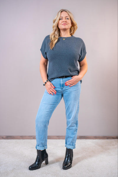 Feinstrick-Pullover Kurzarm, anthrazit