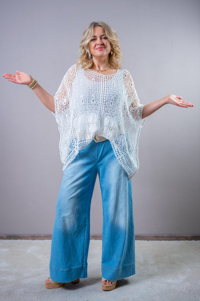 Oversize Häkelpullover mit Muster, weiß