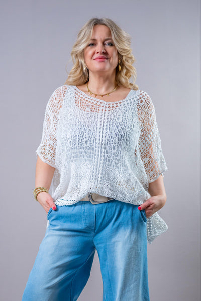 Oversize Häkelpullover mit Muster, weiß