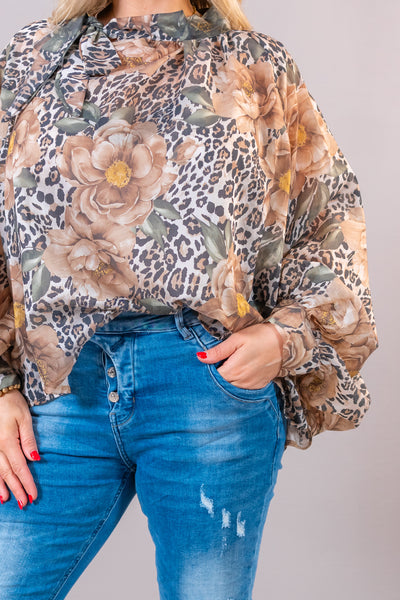 Oversize Bluse "Wild Bloom", camel/beige