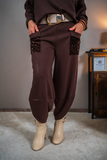 Weiche Hose mit Paillettendetails, schokobraun