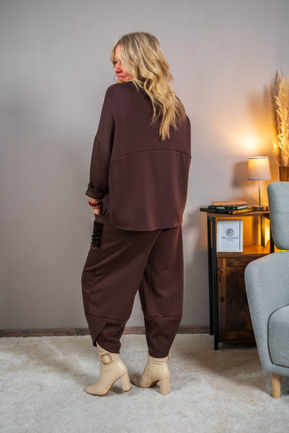 Sweatshirt mit Paillettendetails, schokobraun