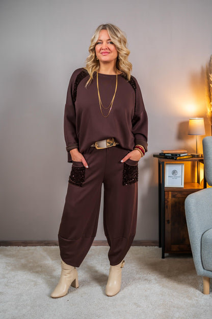 Sweatshirt mit Paillettendetails, schokobraun
