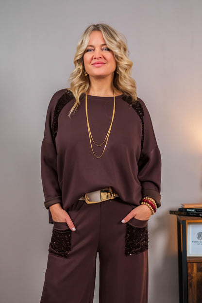 Sweatshirt mit Paillettendetails, schokobraun