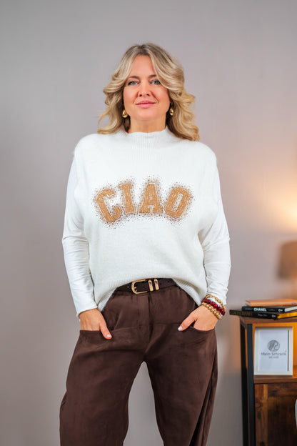Strickpullunder mit Steinchendetails, cremeweiß