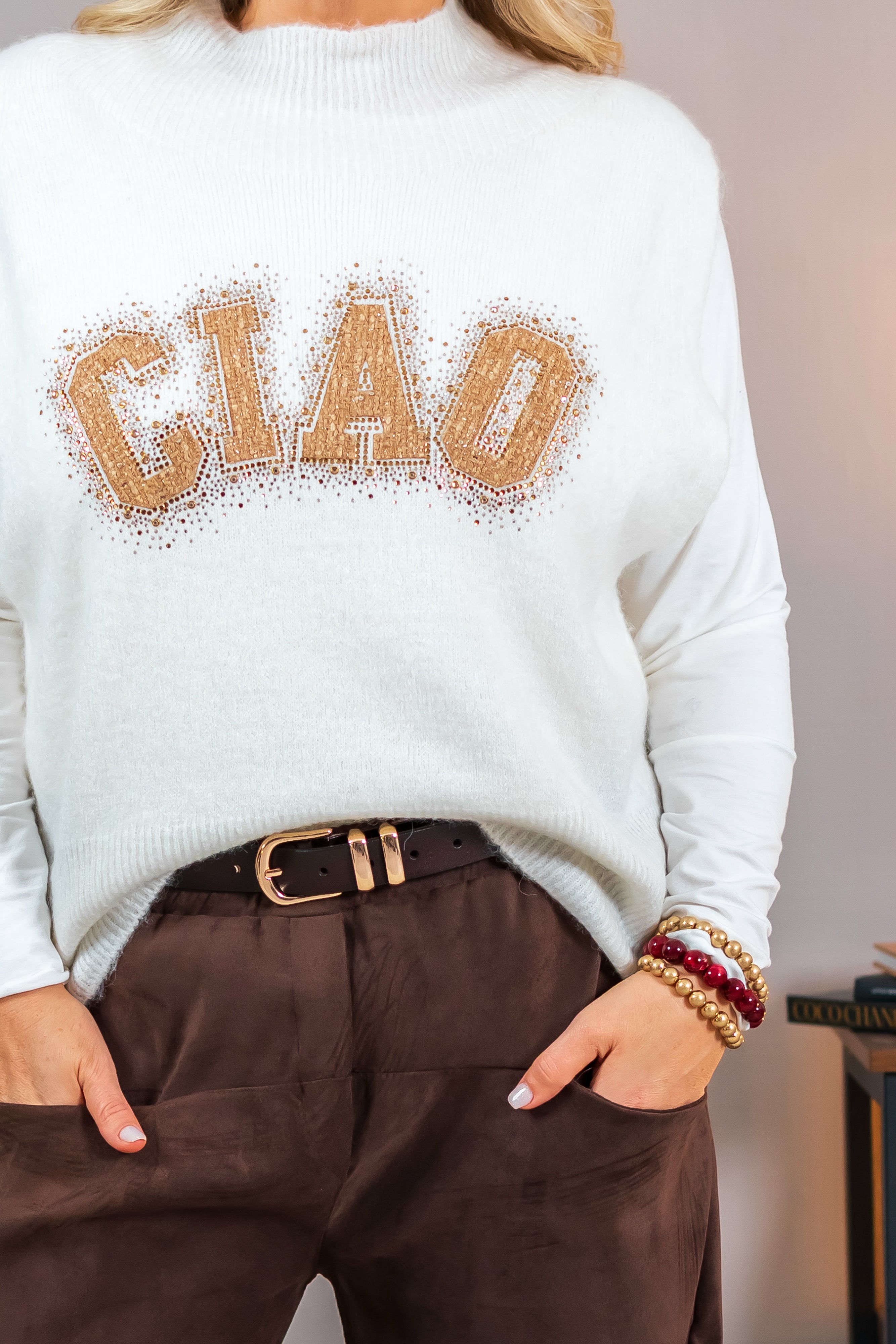 Strickpullunder mit Steinchendetails, cremeweiß