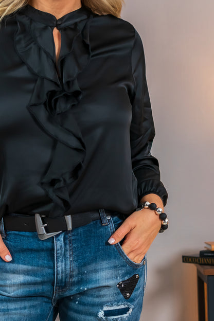 Viskose-Bluse mit femininen Rüschen, schwarz