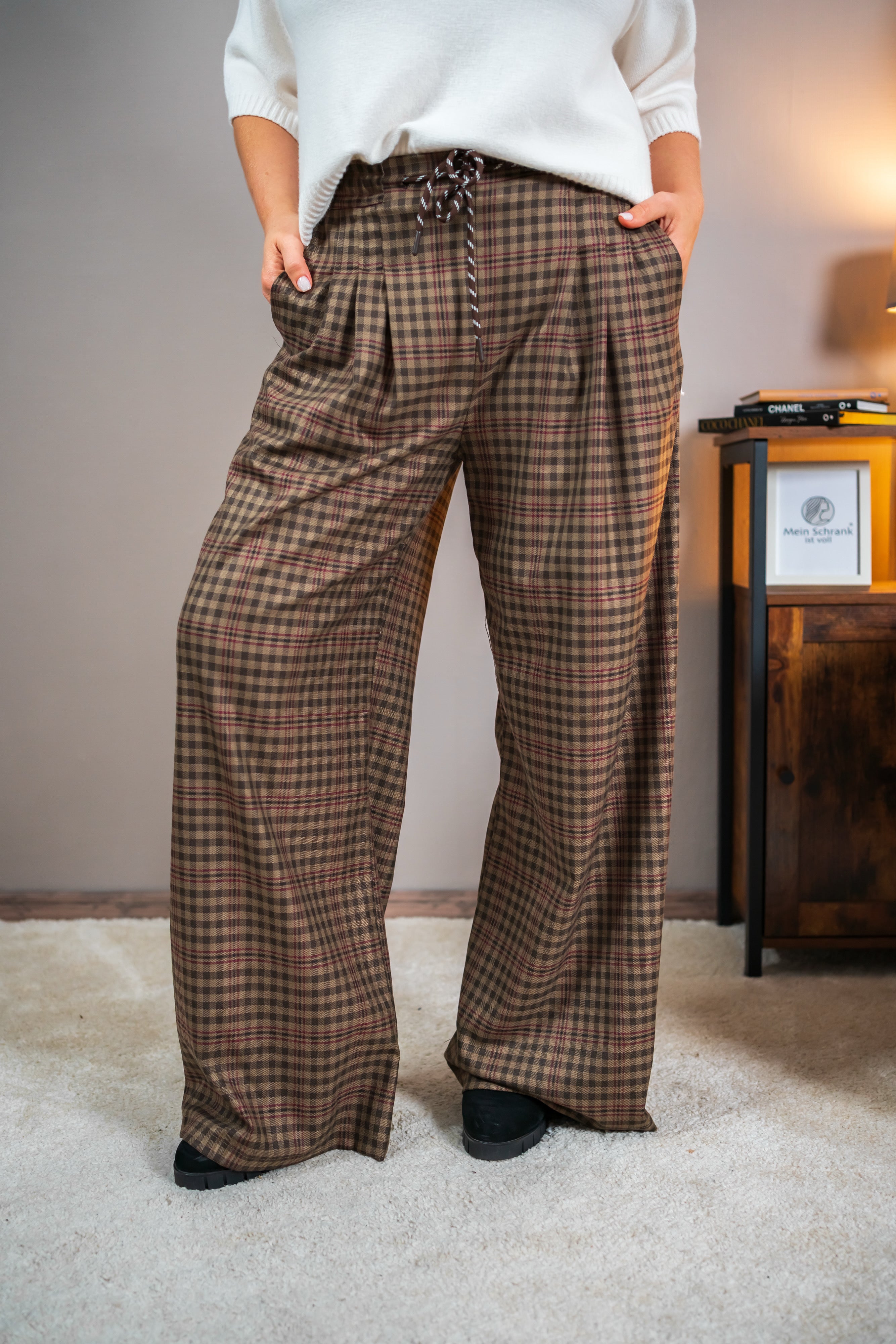 Karo-Hose mit Bindekordel, braun/beige