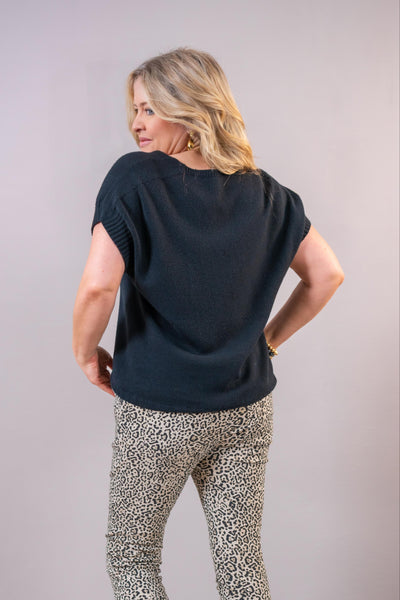 Feinstrick-Pullover Kurzarm, schwarz
