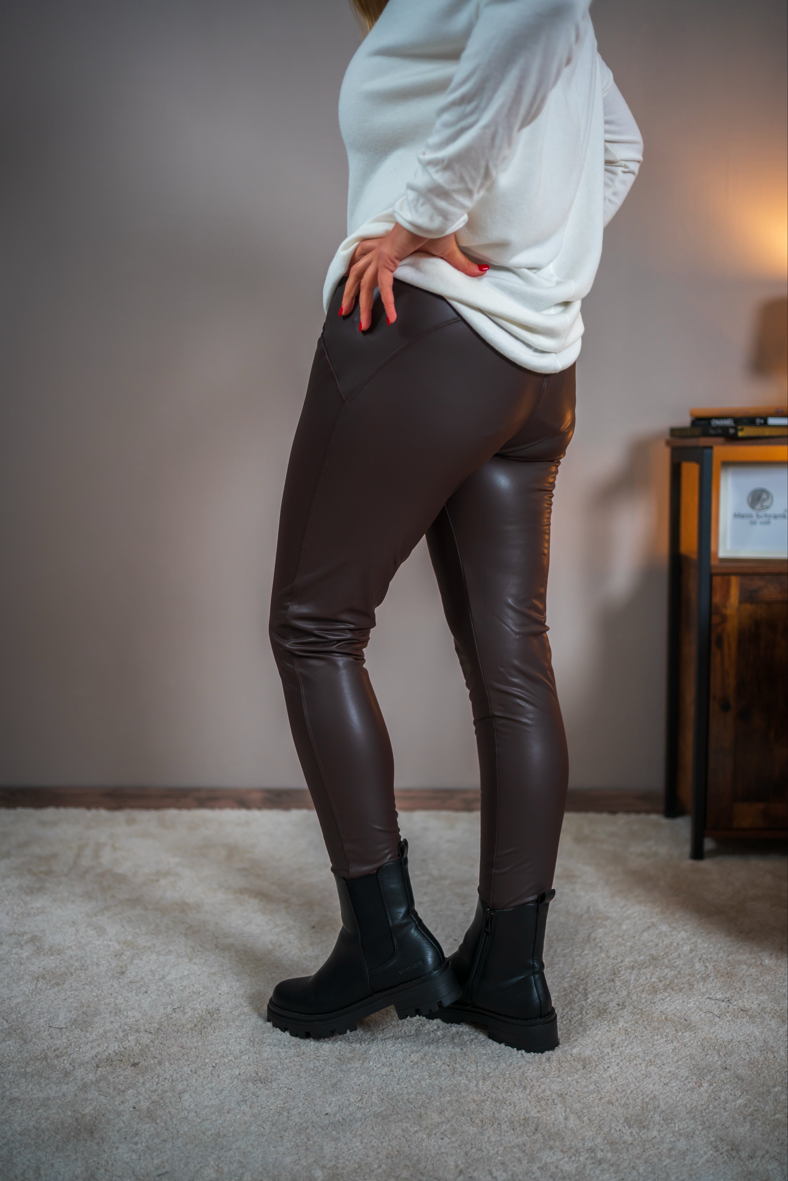 Klassische Leggings in Lederoptik, dunkelbraun
