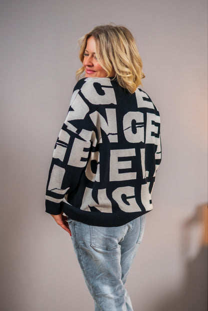 Feiner Strickpullover mit Strass, schwarz