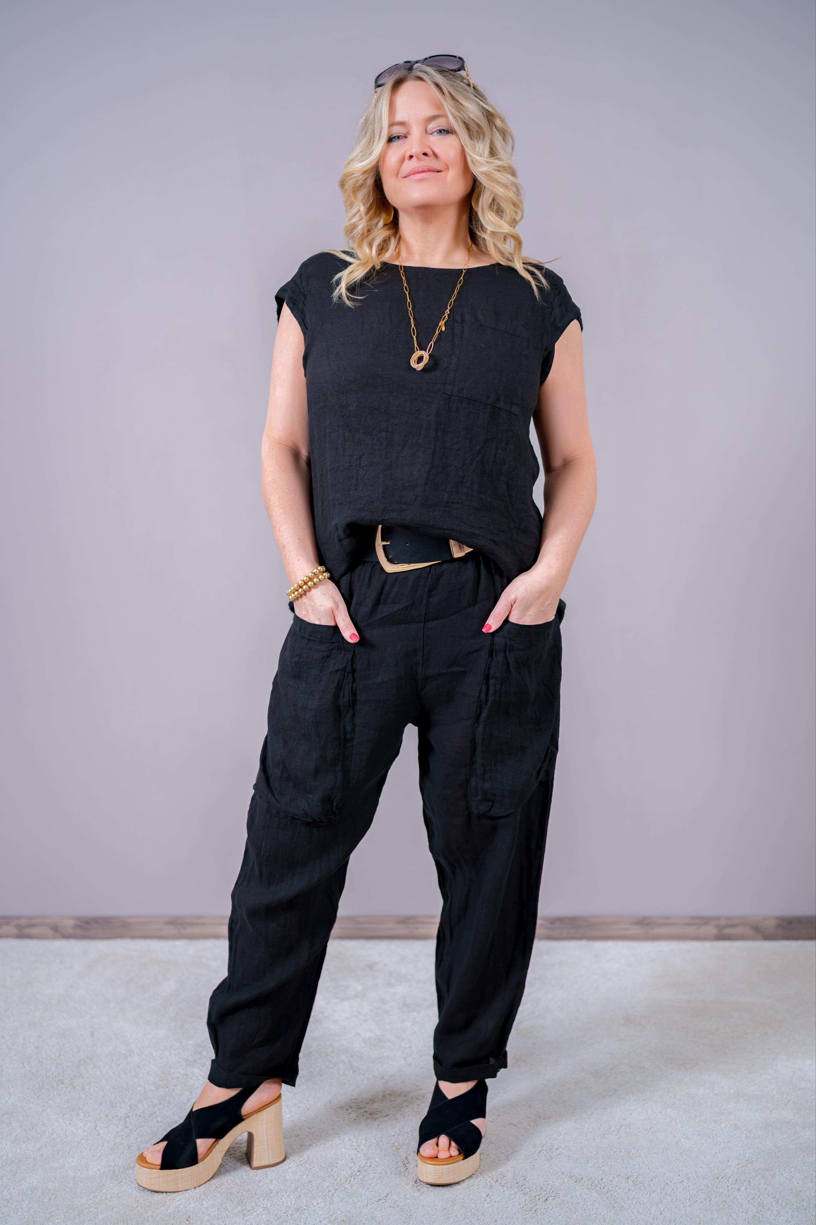 Leinen-Shirt Set - Beige & Schwarz