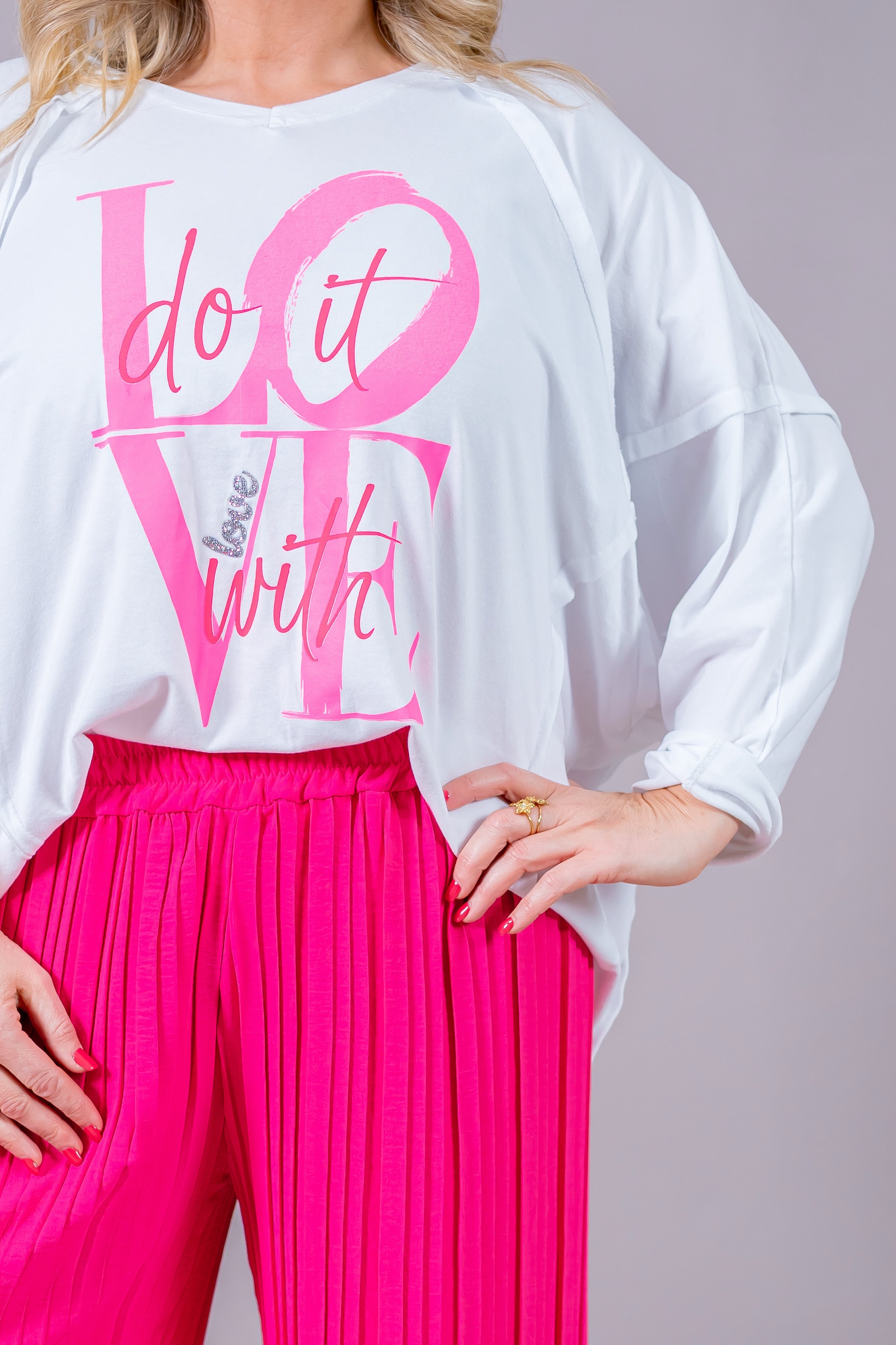 Langarmshirt mit Print "DO IT WITH LOVE", weiß/pink