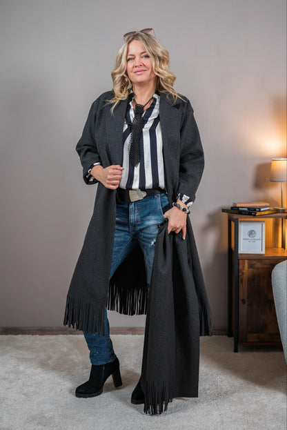 Eleganter Mantel mit passendem Schal, dunkelgrau